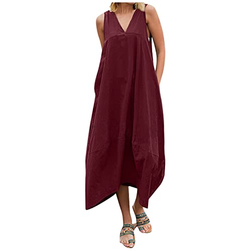 ALCRISP Kleid Leinen Damen Sommer Ärmellos Strandkleid Damen Lang Boho Leinenkleid Damen Sommer Große Größen Sommerkleid Leinen Midi Leinenkleider Damen Sommer Wadenlang von ALCRISP