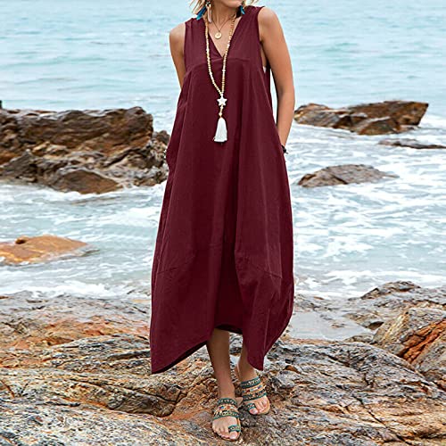 ALCRISP Kleid Leinen Damen Sommer Ärmellos Strandkleid Damen Lang Boho Leinenkleid Damen Sommer Große Größen Sommerkleid Leinen Midi Leinenkleider Damen Sommer Wadenlang von ALCRISP