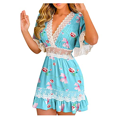ALCRISP Kleider Damen Sommer Elegant Spitzenkleid V-Ausschnitt Kurzarm Rüschen Minikleider Casual High Waist Freizeitkleid von ALCRISP