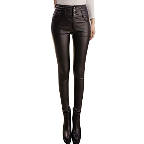 ALCRISP Kunstleder Leggings Damen Stretch High Waist Lederleggings Schwarz Lederhose Damen Leggins Elegant Thermo Leder Leggings Winter Übergröße Kunstlederhose Sexy, L von ALCRISP