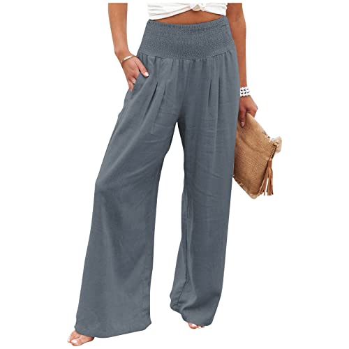 ALCRISP Leichte Sommerhose, Damen Leinenhose Damen Sommer Lang Weites Bein Sommerhose High Waist Bequem Luftig Leinen Freizeithose Leicht Elegant Locker Schlupfhose Stoffhose Palazzo Hose Wickelhose von ALCRISP