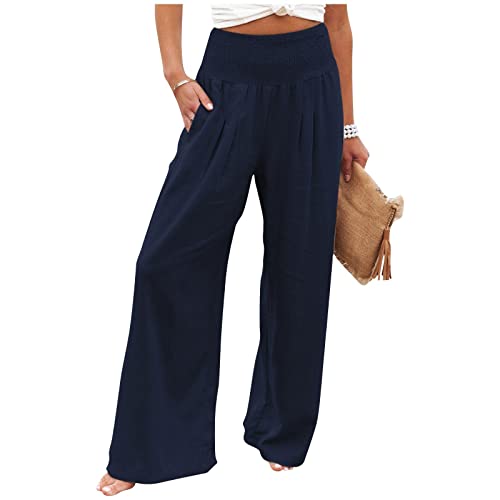 ALCRISP Leichte Sommerhose, Damen Leinenhose Damen Sommer Lang Weites Bein Sommerhose High Waist Bequem Luftig Leinen Freizeithose Leicht Elegant Locker Schlupfhose Stoffhose Palazzo Hose Wickelhose von ALCRISP