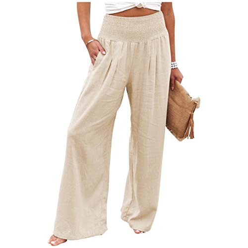 ALCRISP Leichte Sommerhose, Damen Leinenhose Damen Sommer Lang Weites Bein Sommerhose High Waist Bequem Luftig Leinen Freizeithose Leicht Elegant Locker Schlupfhose Stoffhose Palazzo Hose Wickelhose von ALCRISP