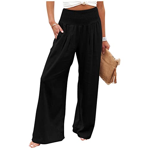 ALCRISP Leinenhose Damen Sommer Lang Weites Bein Sommerhose High Waist Bequem Luftig Leinen Freizeithose Leicht Elegant Locker Schlupfhose Stoffhose Palazzo Hose, Schwarz, XL von ALCRISP