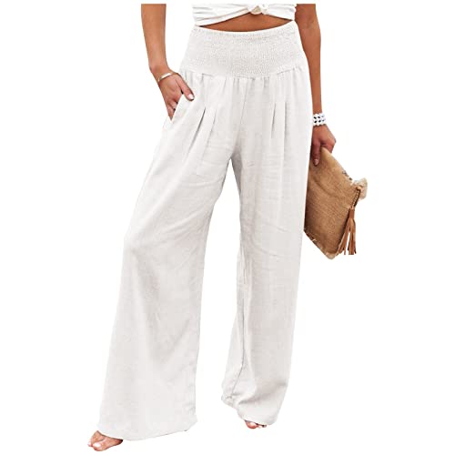 ALCRISP Leinenhose Damen Sommer Lang Weites Bein Sommerhose High Waist Bequem Luftig Leinen Freizeithose Leicht Elegant Locker Schlupfhose Stoffhose Palazzo Hose, Weiß, 3XL von ALCRISP