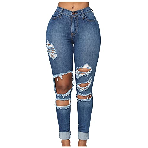 ALCRISP Skinny Jeans Damen High Waist Große Größen Ripped Hole Ausgefranste Röhrenjeans Einfarbig Zerrissene Retro Knopfleiste Ankle Jeanshosen von ALCRISP