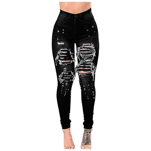 ALCRISP Skinny Jeans Damen High Waist Große Größen Ripped Hole Ausgefranste Röhrenjeans Einfarbig Zerrissene Retro Knopfleiste Ankle Jeanshosen von ALCRISP