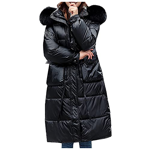 ALCRISP Winterjacke Lang Damen Warm Oversize Steppjacke Vintage Mantel Fellkapuze Lederoptik Elegant Übergröße Outdoor Wintermantel für Frauen mit Kapuze von ALCRISP