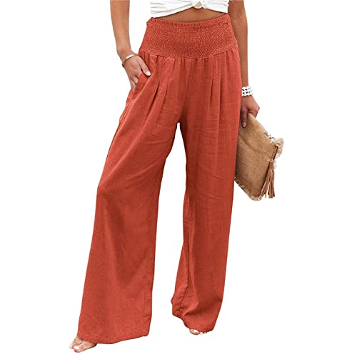 Leinenhose Damen Sommer Lang Weites Bein Leichte Sommerhose, Damen Sommerhose High Waist Bequem Luftig Leinen strumpfhosen Freizeithose Leicht Elegant Locker Schlupfhose Stoffhose Palazzo Hose von ALCRISP