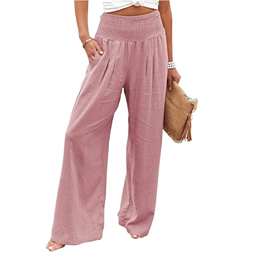 Leinenhose Damen Sommer Lang Weites Bein Leichte Sommerhose, Damen Sommerhose High Waist Bequem Luftig Leinen strumpfhosen Freizeithose Leicht Elegant Locker Schlupfhose Stoffhose Palazzo Hose von ALCRISP