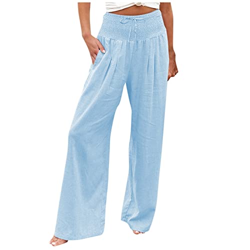 Leinenhose Damen Sommer Lang Weites Bein Leichte Sommerhose, Damen Sommerhose High Waist Bequem Luftig Leinen strumpfhosen Freizeithose Leicht Elegant Locker Schlupfhose Stoffhose Palazzo Hose von ALCRISP