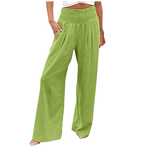 Leinenhose Damen Sommer Lang Weites Bein Leichte Sommerhose, Damen Sommerhose High Waist Bequem Luftig Leinen strumpfhosen Freizeithose Leicht Elegant Locker Schlupfhose Stoffhose Palazzo Hose von ALCRISP