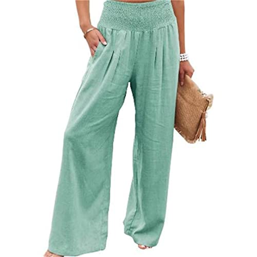 Leinenhose Damen Sommer Lang Weites Bein Leichte Sommerhose, Damen Sommerhose High Waist Bequem Luftig Leinen strumpfhosen Freizeithose Leicht Elegant Locker Schlupfhose Stoffhose Palazzo Hose von ALCRISP