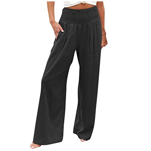 Leinenhose Damen Sommer Lang Weites Bein Leichte Sommerhose, Damen Sommerhose High Waist Bequem Luftig Leinen strumpfhosen Freizeithose Leicht Elegant Locker Schlupfhose Stoffhose Palazzo Hose von ALCRISP