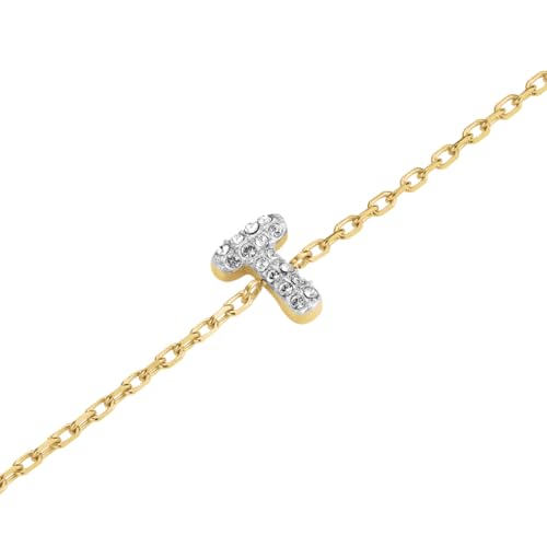 Rosefield Damen Armband mit Buchstabe T 14K vergoldet Edelstahl 316L verstellbar 16,5cm - 19,5cm Pavé-Steine in funkelndem Silber-Look von Rosefield