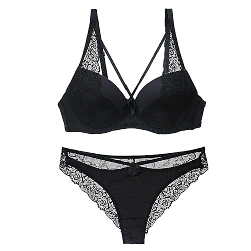 ALDOLA Damen BH Set BH Damen mit Bügel Schwarz Damen BH Set Spitze BH Und String Damen BH Sets Push Up Bügel BH Ungepolstert Abnehmbare Träger Tanga Unterwäsche（Größe:90C von ALDOLA
