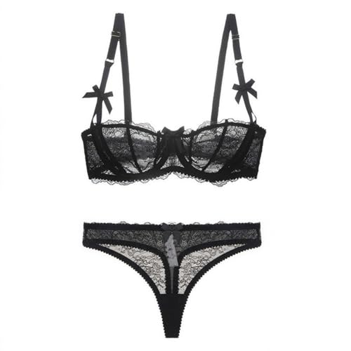 ALDOLA Damen BH Set Schwarz Damen BH Set Spitze BH Und String Damen BH Sets Push Up Bügel BH Ungepolstert Abnehmbare Träger Tanga Unterwäsche dursichtige unterwäsche (Größe:70A) von ALDOLA