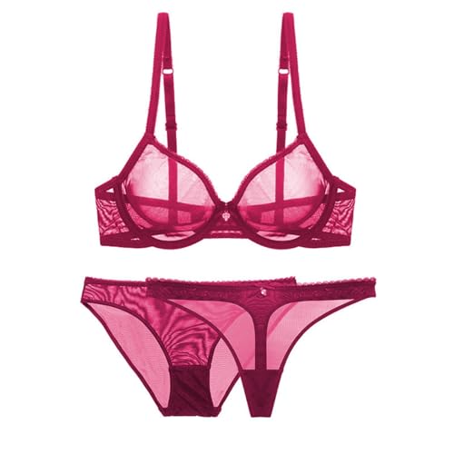 ALDOLA Sets für Damen 3er Pack Rot Damen BH Set Spitze BH Und String Damen BH Sets Push Up Bügel BH Ungepolstert Abnehmbare Träger Tanga Unterwäsche BH durchsichtig Damen (Größe:75B) von ALDOLA