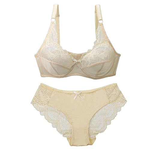 ALDOLA bügel für BH Set mit Slip Pushup BH Damen Beige Unterwäsche Frauen Set BH Und Slip Große Größen Volle Abdeckung, Sport-BHS Und Höschen Aus Spitze Comfort Bra (Größe:95C) von ALDOLA