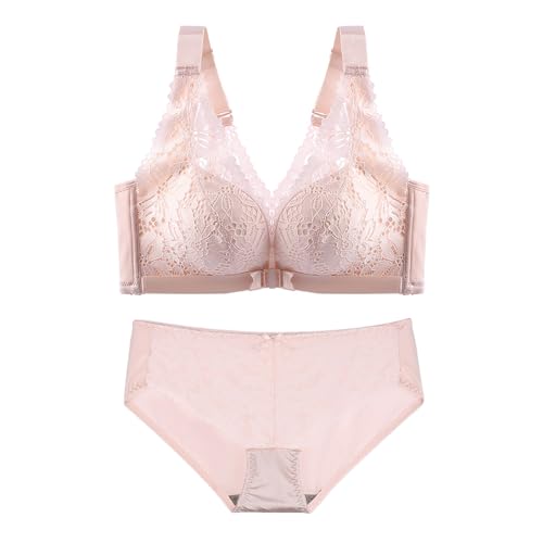 ALDOLA große brüste starker Halt Beige BH Damen ohne bügel Spitze Lace Bras Vorderverschluss BH Bra Panties Set High Elastizität Und Ultrakomfortabler(Größe:120C) von ALDOLA