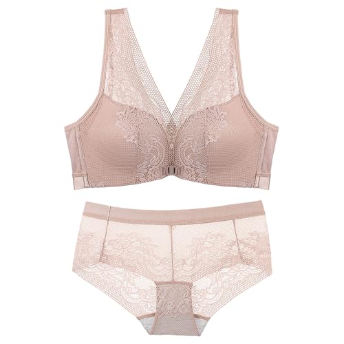 ALDOLA große brüste starker Halt Kaffee BH Damen ohne bügel Spitze Lace Bras Vorderverschluss BH Bra Panties Set Verstellbare Träger Bequemer Modern Feeling(Größe:75A) von ALDOLA