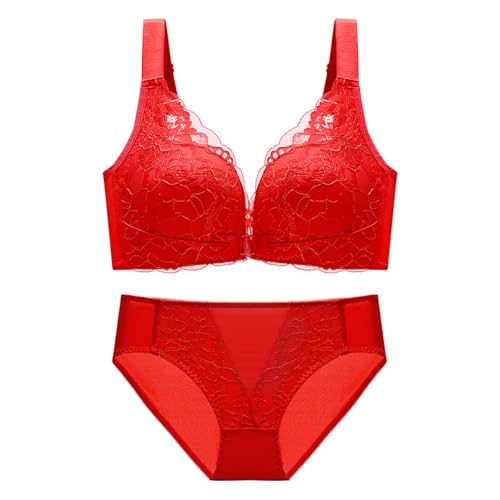 ALDOLA große brüste starker Halt Rot BH Damen ohne bügel Spitze Lace Bras Vorderverschluss BH Bra Panties Set bequemer weicher Bustier(Größe:105D) von ALDOLA