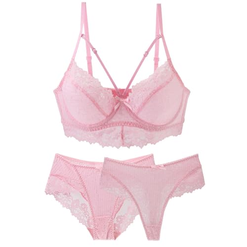 ALDOLA unterwäsche Frauen Set mit bügel 3 Pieces BH Damen Push up Rosa Bustier Spitzen für Frauen Bra Mit Polstern Atmungsaktiv Bügel BH Soft Cup Bra (Größe:80D) von ALDOLA