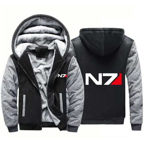 Herren Kapuzenpullover mit Reißverschluss für Mass Effect N7 Fleecejacken Wintermäntel Warme Dicke Oberbekleidung Freizeitpullover Schwerschwere Sportbekleidung-Black Gray A||4XL von ALEEIK