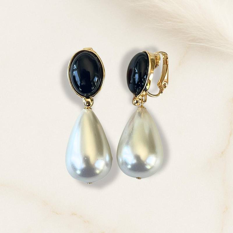 Clip-Ohrringe Amélie Mit Schwarzer Achat-Basis & Shell-Perlen - 2-In-1 Oder Ohne Anhänger Tragbar von ALESSANDRASCHMIDT1