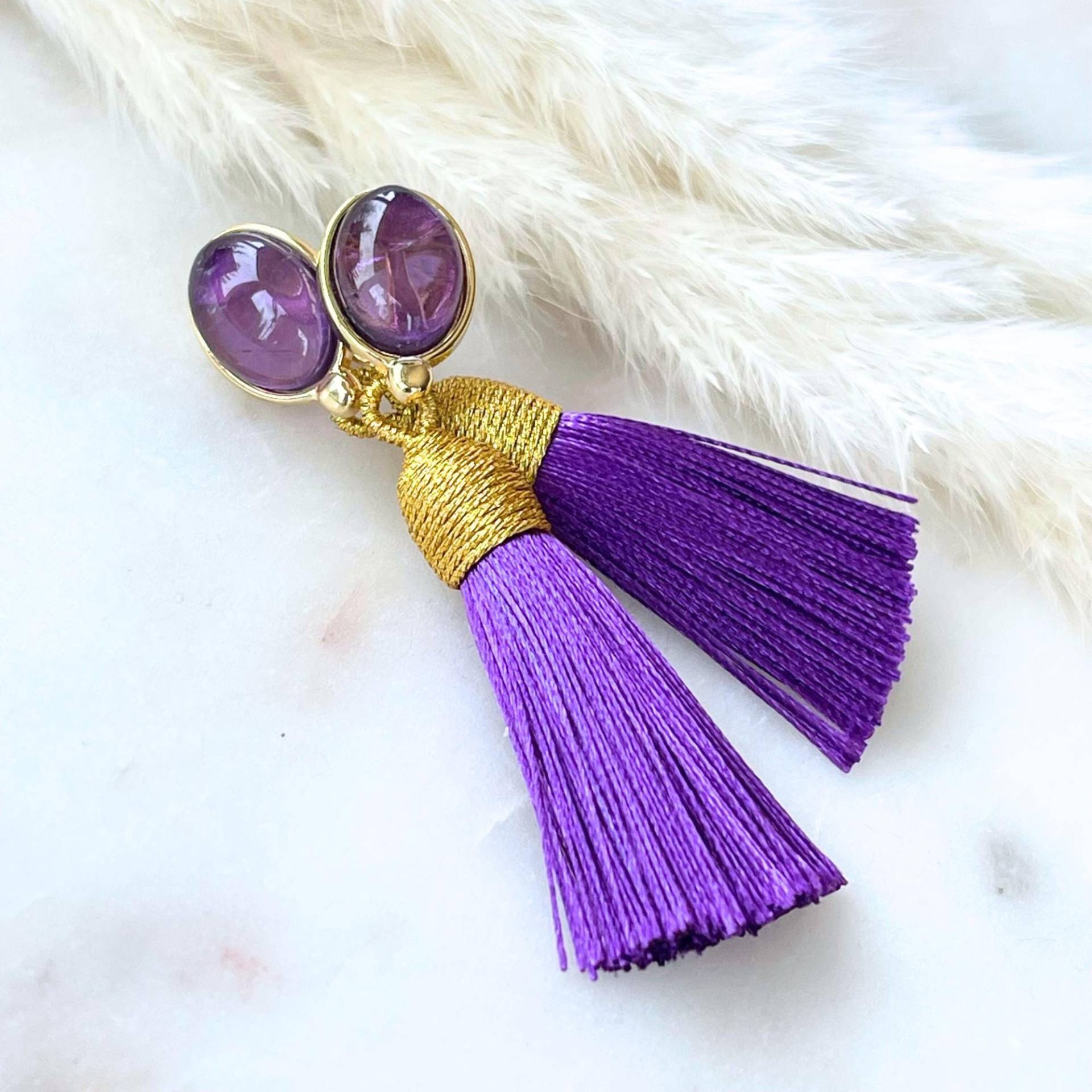 Clip-Ohrringe Martina Mit Amethyst Und Violettem Quastenanhänger. Sommerlich, Wandelbar Ohne Ohrlöcher Clip-Ohrringe Martina Mit Amethyst Und Violettem Quastenanhänger. Sommerlich, Wandelbar Ohne Ohrlöcher von ALESSANDRASCHMIDT1
