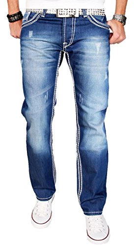 A. Salvarini Herren Designer Jeans Hose blau Stonewash Dicke Weisse Zier Nähte AS011 [AS-011-W32-L34] von ALESSANDRO SALVARINI