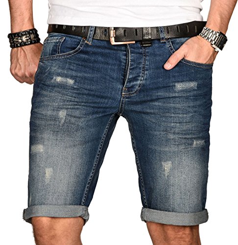 A. Salvarini Herren Designer Jeans Short Kurze Hose Slim Sommer Shorts Bermuda, Mittelblau Used-look, W32 von ALESSANDRO SALVARINI