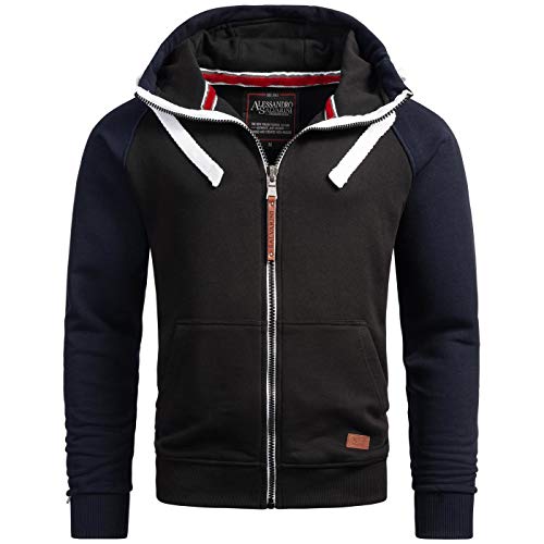 ALESSANDRO SALVARINI Herren Sweatjacke Kapuzenpullover Jacke Kapuze Hoodie Sweater AS191 [AS-191-Schwarz-Navy-Gr.S] von ALESSANDRO SALVARINI