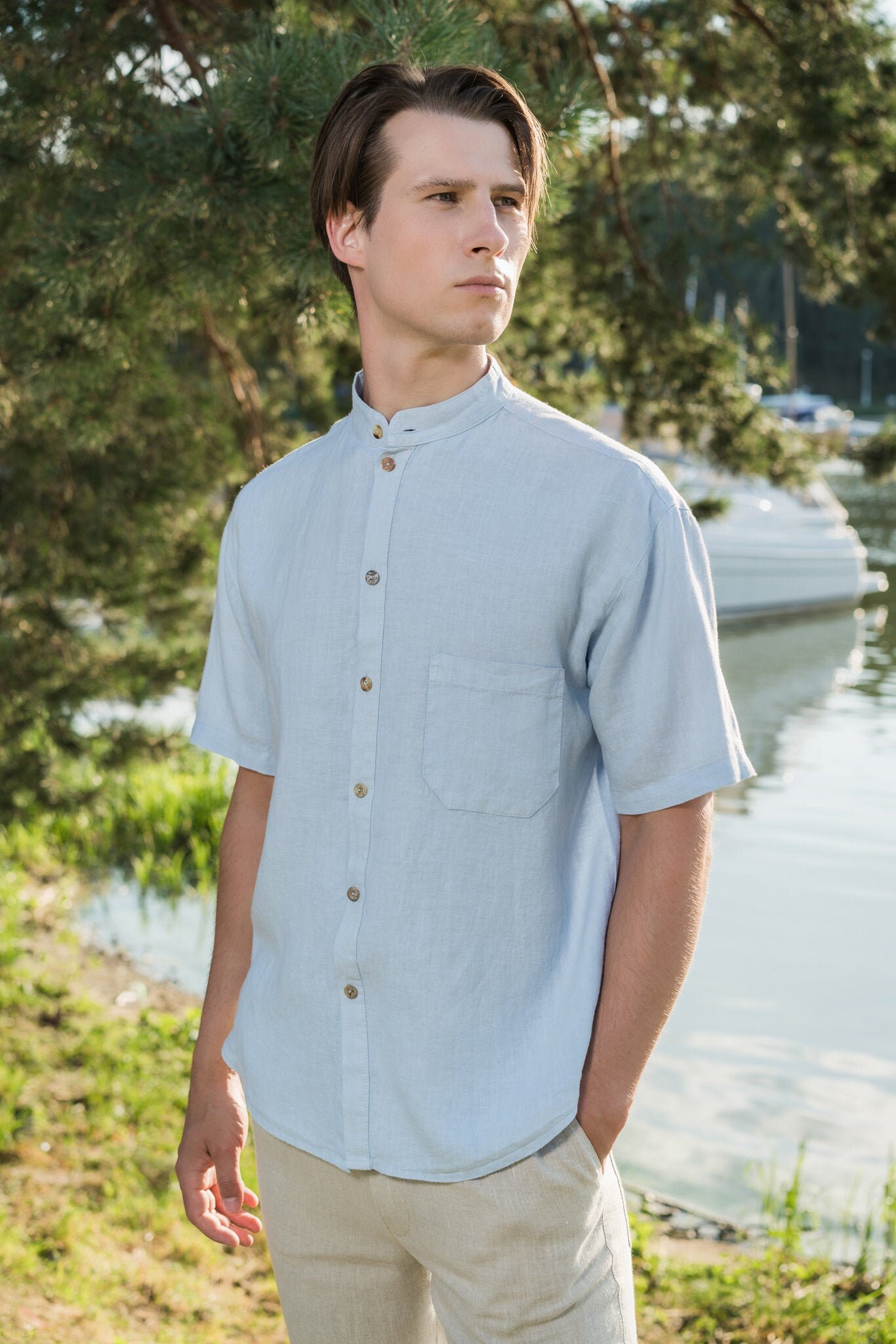 Men's Short Sleeve Button Up Linen Shirt With Pocket On Chest, Casual, Formal For Men - Ron Men's Short Sleeve Button Up Linen Shirt With Pocket On Chest, Casual, Formal For Men - Ron von ALETAnaturalis