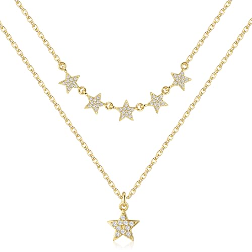 2Pcs Stapelbare Ketten Gold Halskette für Damen Frauen, Vergoldet Verstellbares Halsketten Abnehmbare Doppel Layering Stapelbare Layered Gold Ketten mit Stern Zirkonia Anhänger Boho Schmuck Kette von ALEXCRAFT