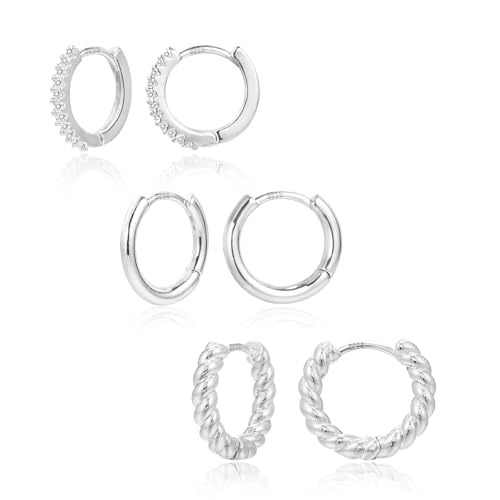 Silber Creolen Ohrringe Silber 925 Damen, 3 Paar 14K Vergoldet Schlafen Creolen Ohrringe Set mit Zirkonia Klein Hypoallergen Huggies Creolen für Damen Männer Mädchen von ALEXCRAFT