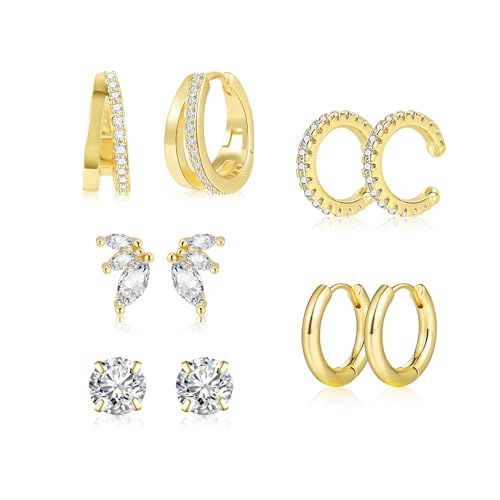 5Paar Ohrringe Gold Set Damen, ALEXCRAFT Multipack Ohrringe Vergoldet Silber 925 Creolen Doppel Kleine Ohrstecker mit Zirkonia Stein Glitzer Stapelbar Wasserfest Gold für Mehrere Piercing von ALEXCRAFT