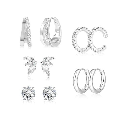 5Paar Stapelbar Ohrringe Silber 925 Set Damen, ALEXCRAFT Silber 925 Creolen Kleine Ohrstecker Zirkonia Stein Glitzer-Ohrringe Doppel Creolen Multipack SilberOhrringe für Mehrere Piercings von ALEXCRAFT