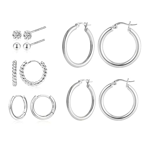 ALEXCRAFT 6 Paar Creolen Silber 925 Klein Ohrstecker Set mit Hypoallergen Kleine Kugelohrstecker und Faden Ohrringe für Damen Mädchen Mehrere Piercings von ALEXCRAFT