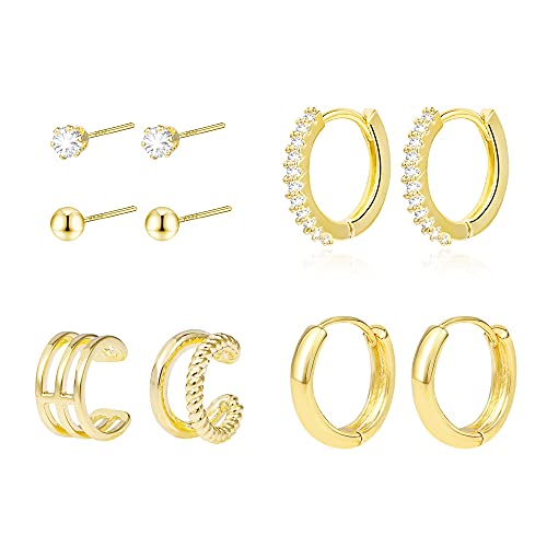 6 Paar Gold Creolen Ohrstecker Ohrringe Damen, 14K Vergoldete 925 Silber Knorpel Creolen Ohrringe Set mit Zirkonia Klein Hypoallergen Huggies Schlafen Creolen Ohrstecker für Damen Mädchen von ALEXCRAFT