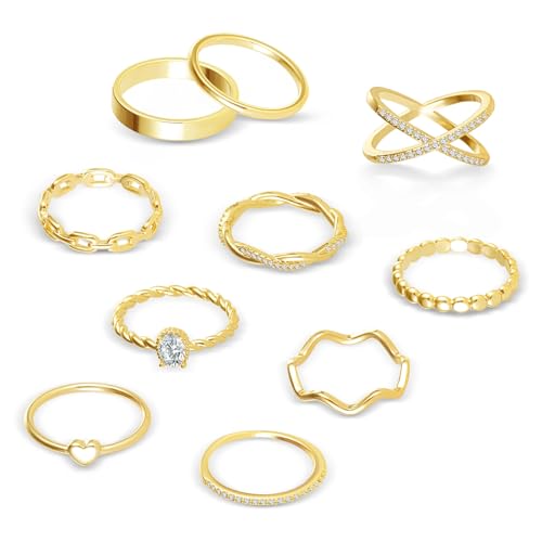 ALEXCRAFT 10 Stück Ringe Damen Gold 14 Karat Vergoldet Ring Set 60MM von ALEXCRAFT