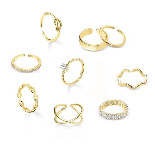 ALEXCRAFT 10 Stück Ringe Damen Gold 14K Goldene Verstellbar Ring Set Stapelbare Offene Ringe für Frauen Freundin Mama von ALEXCRAFT