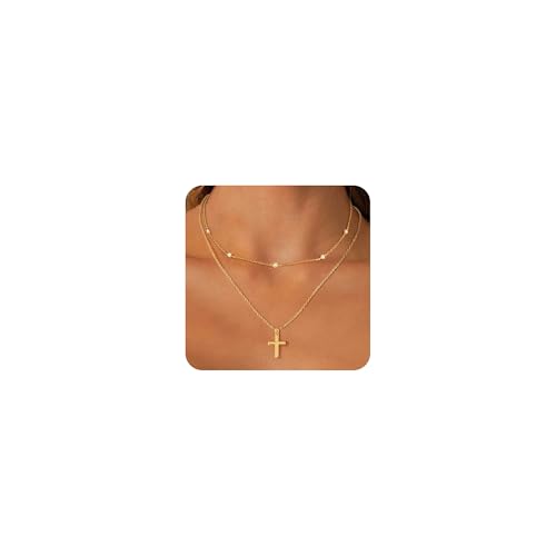 ALEXCRAFT 2 PCS Layered Kreuz Kette Gold Damen Halskette mit Zirkonia Anhänger Modeschmuck für Sie Frauen Freundin Mama Kreuz Größe 13 * 20cm von ALEXCRAFT