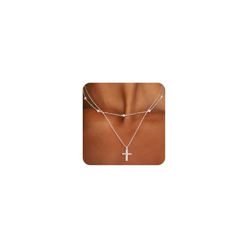 ALEXCRAFT 2 PCS Layered Kreuz Kette Silber Damen Halskette mit Zirkonia Anhänger Modeschmuck für Sie Frauen Freundin Mama Kreuz Größe 13 * 20cm von ALEXCRAFT