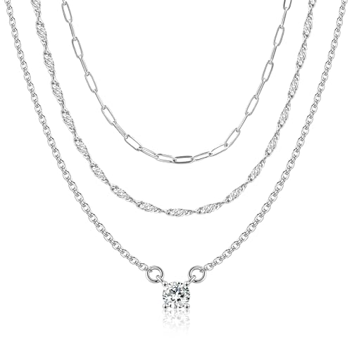 ALEXCRAFT 3Pcs Sterling Silber 925 Ketten Halsketten, Abnehmbare Stapelkette Verstellbares Stapelbare Layered Halskette Silber Ketten mit Zirkonia Anhänger Halsketten Boho Schmuck Kette Damen Frauen von ALEXCRAFT
