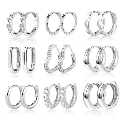 ALEXCRAFT 9 Paar Multipack Ohrringe Set Silber Creolen Kleine für Damen, Hypoallergen Zirkon Knorpel Piercing Ohrringe Silber Creolen Eckig Oval Herz Chunky Klobig Kreolen Kleine Ohrringe für Damen von ALEXCRAFT