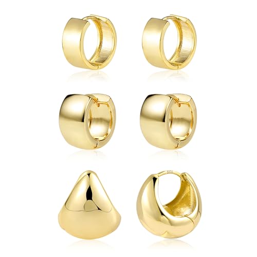 ALEXCRAFT Creolen Gold Set Ohrringe Creolen Klobig Damen, 3 Paar 14K Vergoldet Creolen Set Klobig Creolen Gold Kleine Knorpel Huggie Creolen Leicht Breit Silber 925 Ohrringe Gold Creolen Oval Damen von ALEXCRAFT