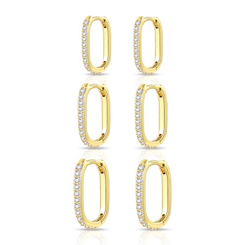 ALEXCRAFT Creolen Kleine Gold Ohrringe Set, 3Paar 14 Karat Vergoldet Rechteckige Ohrringe Eckig Creolen Gold Set Kleine Knorpel Huggies Kreolen Wasserdichte Ohrringe Oval Gold Creolen Damen Herren von ALEXCRAFT