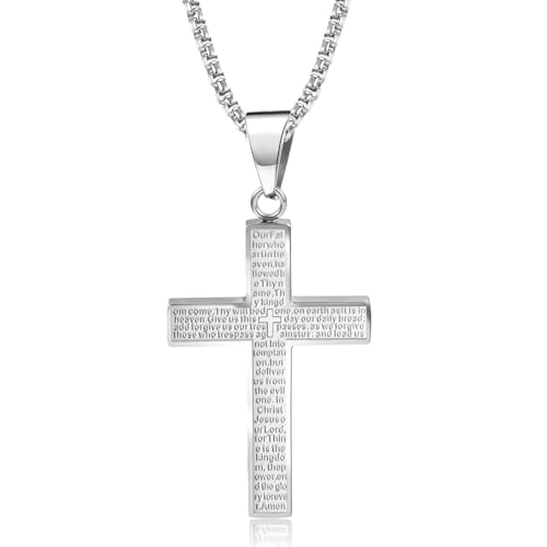 ALEXCRAFT Jesus Silber Kreuz Kette Herren Mens Jewellery Edelstahl Halskette mit Kreuz Anhänger mit 60cm Kette Silver Chain Men von ALEXCRAFT