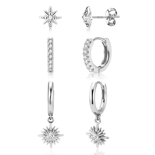 ALEXCRAFT Glitzer Sterne Ohrstecker Ohrringe Silber 925 Set mit Zirkonia Piercings Damenohrringe für Frauen Freundin Mama Mädchen 3 Stück von ALEXCRAFT